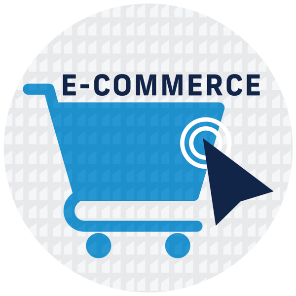 E-commerce product icon showing a cursor clicking on a shopping cart.