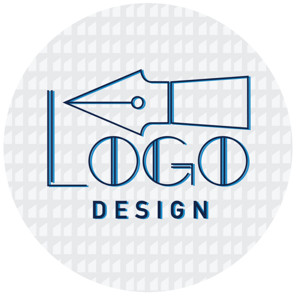 Logo design icon with graphic of a fountain pen tip.